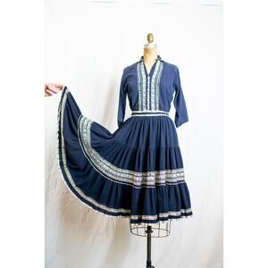 Vintage 50s Mexican Circle Skirt Blouse Set, Cotton Gauze, Black Gold Fiesta, S